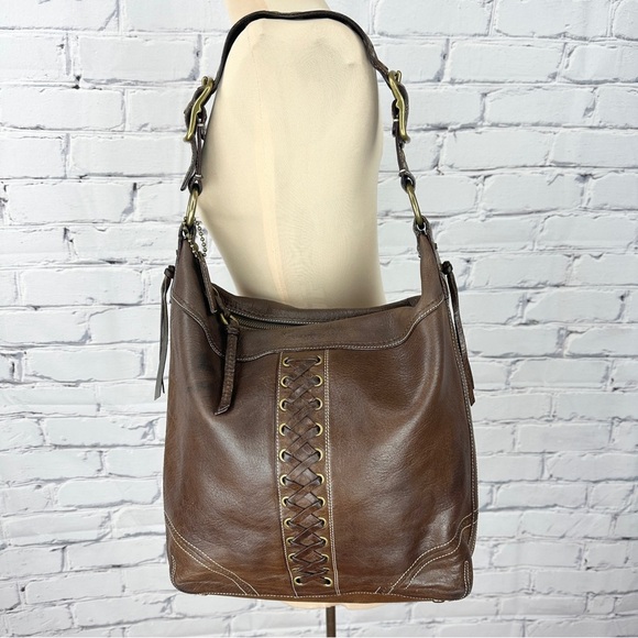 Coach Handbags - Coach Vintage Pebbled Leather Lace Up
Shoulder Bag Purse Brown Bronze Y2k
